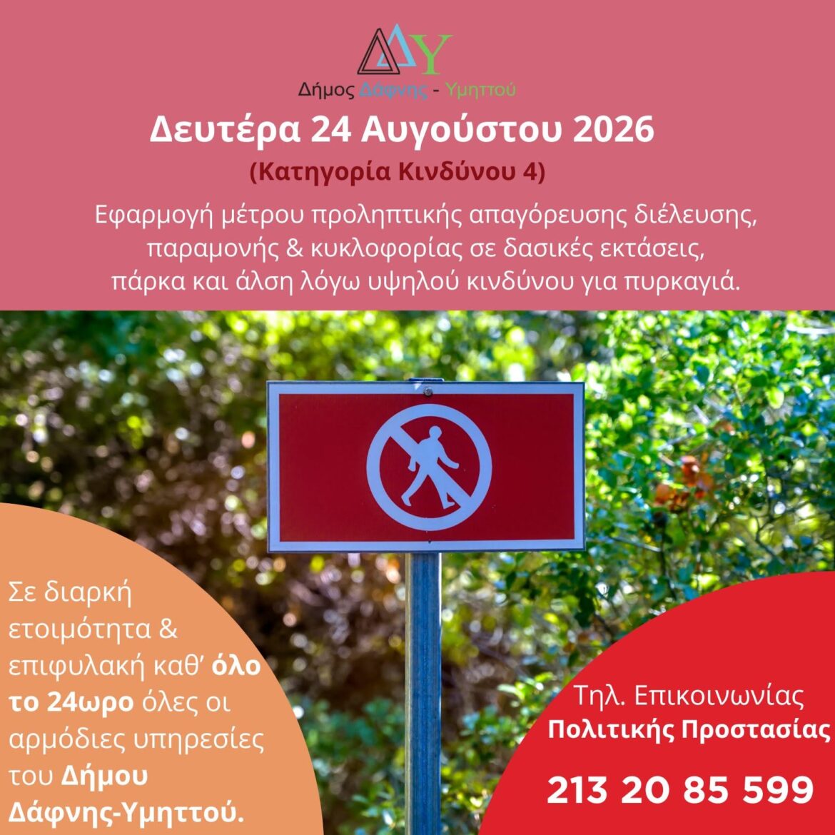 Δευτέρα 24 Αυγούστου 2026 | Πολύ υψηλός κίνδυνος πυρκαγιάς – Κατηγορία Κινδύνου 4